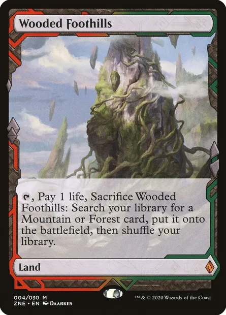Wooded Foothills, Magic card ZNE 4 — Zendikar Rising Expeditions set