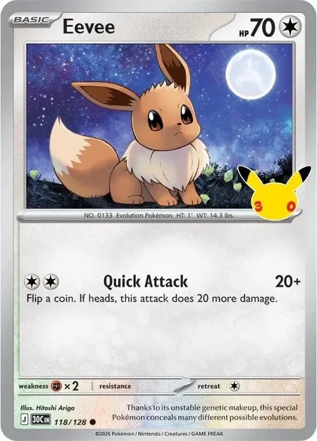 Eevee, Pokémon card 30C 118 — 30th Celebration set