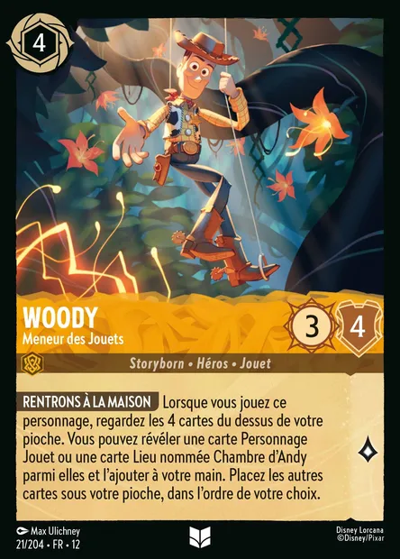 Woody - Meneur des Jouets, carte Disney Lorcana CH12-021 — extension Contrées Inconnues