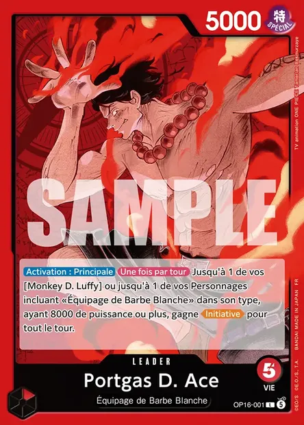 Portgas D. Ace, carte One Piece OP16-001 — extension L'HEURE DE LA BATAILLE DÉCISIVE