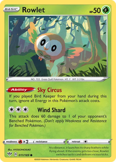 Rowlet, Pokémon card DAA 11 — Darkness Ablaze set