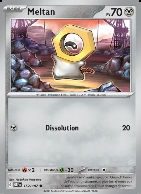 Meltan, carte Pokémon OBF 152 — extension Flammes Obsidiennes