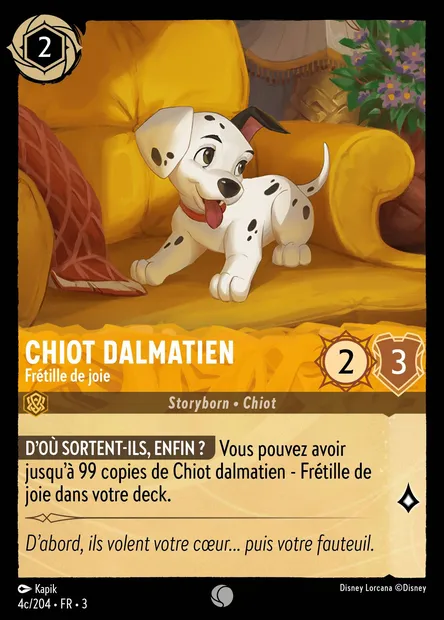 Chiot dalmatien - Frétille de joie, carte Disney Lorcana CH3-004c — extension Les Terres d'Encres
