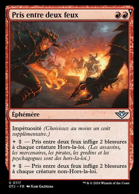 Pris entre deux feux, carte Magic OTJ 117 — extension Outlaws of Thunder Junction