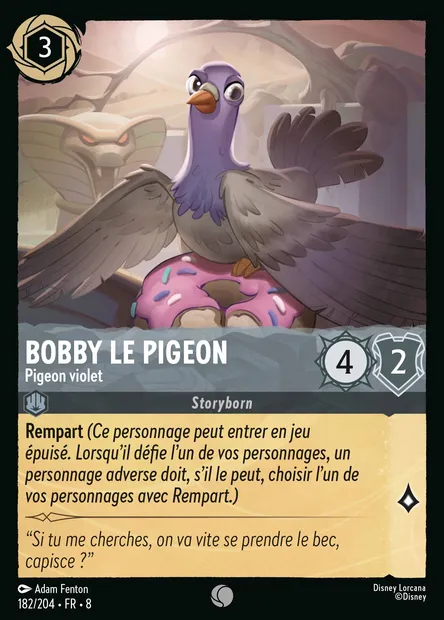 Bobby le pigeon - Pigeon violet, carte Disney Lorcana CH8-182 — extension Le Règne de Jafar