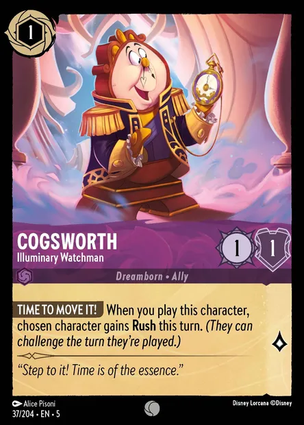 Cogsworth - Illuminary Watchman, Disney Lorcana card CH5-037 — Shimmering Skies set