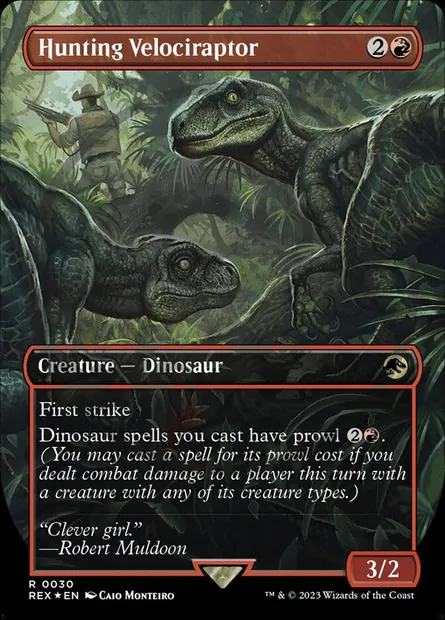 Vélociraptor en chasse, carte Magic REX 30 — extension Jurassic World Collection