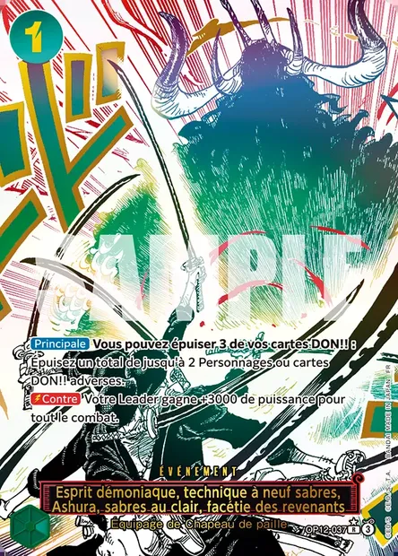 Esprit démoniaque, technique à neuf sabres, Ashura, sabres au clair, facétie des revenants, carte One Piece OP12-037 — extension L'HÉRITAGE DU MAÎTRE