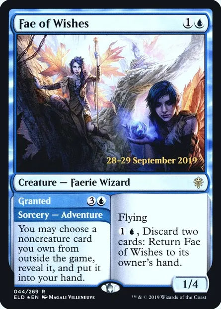 Fae des souhaits // Exaucé, carte Magic PELD 44s — extension Throne of Eldraine Promos