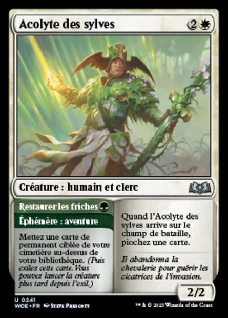 Acolytes des sylves // Restaurer les friches, carte Magic WOE 241 — extension Wilds of Eldraine